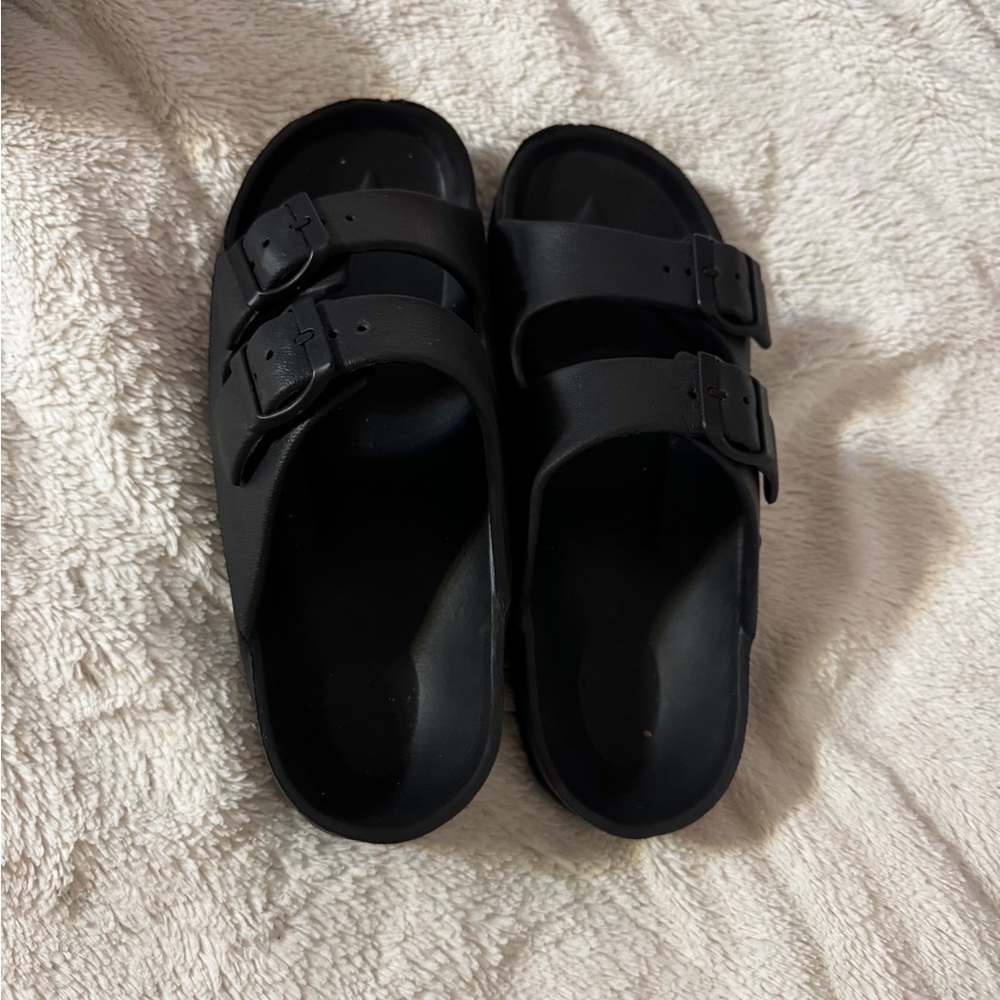 Black Slide Sandals with Buckles